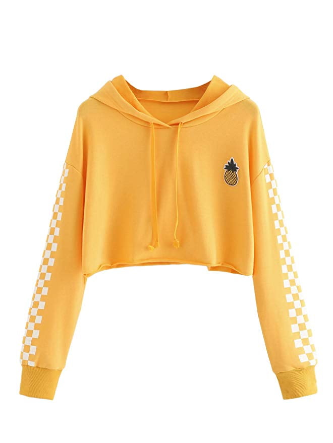 Women s Pineapple Embroidered Hoodie Plaid Crop Top Sweatshirt