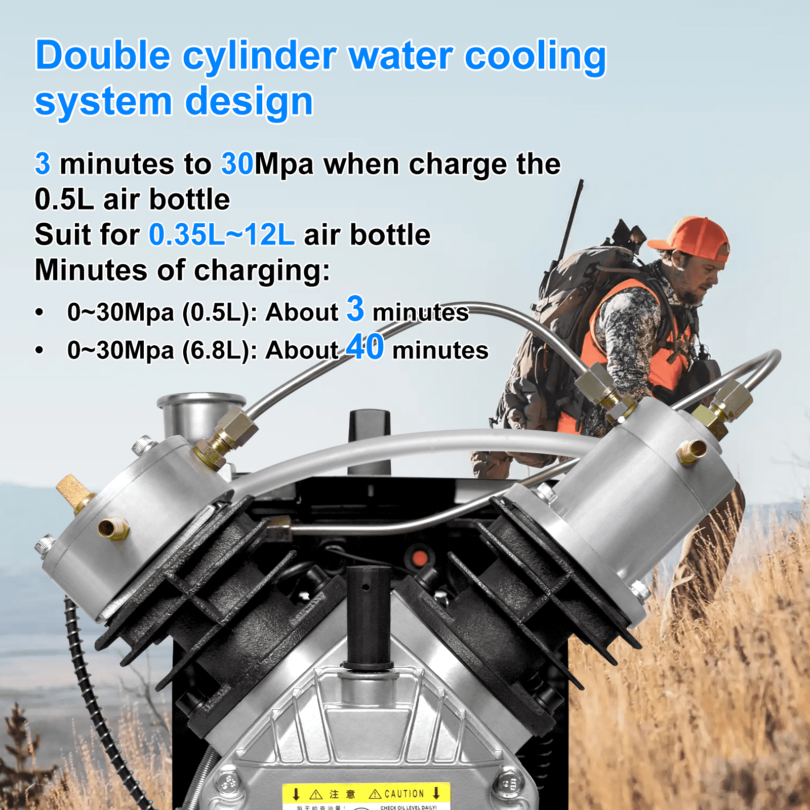 TUDIVING PCP Air Compressor 4500Psi/300Bar Double Cylinder High Pressure Air Pump 40L/min 110V