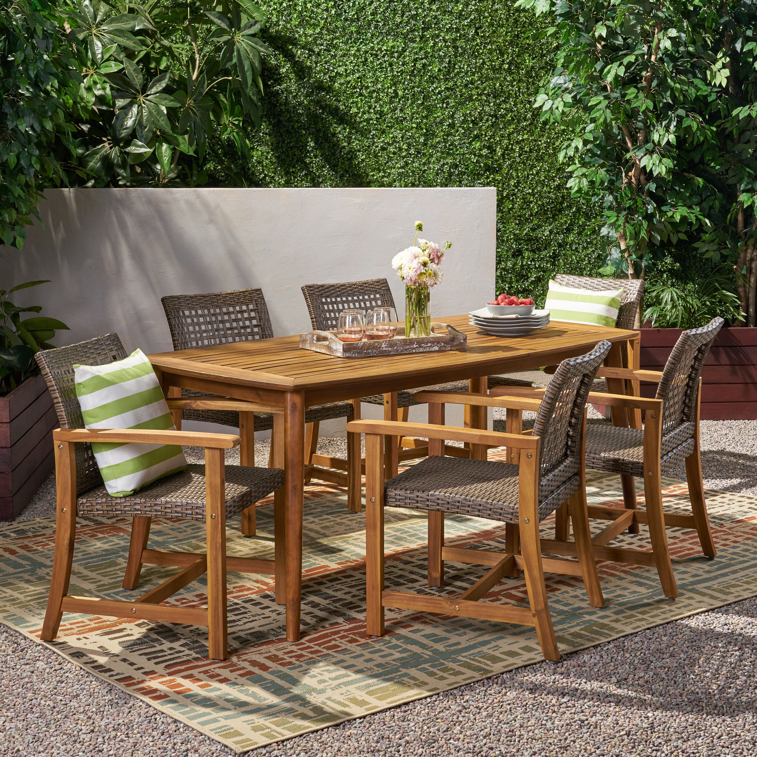 Ruben Outdoor 6 Seater Acacia Wood Dining Set, Teak Finish, Mixed Mocha
