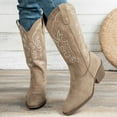 thumbnail image 2 of Rokment Women's Roman Wide Mid Calf Cowboy Boots Fall Winter Vintage Embroidered V Cut out Slip on Western Cowgirl Tall Boots, 2 of 7