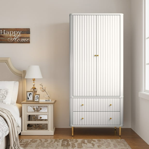 CBJCBJ 71"Modern Wood Armoires Wardrobe Closet with 2 Drawers, Clothing Storage Cabinet for Bedroom, White