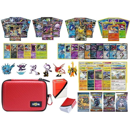 Totem World Pokemon Premium Collection 100 Cards with GX Mega EX Shining Holo 10 Rares 4 Booster Pack - 100 Sleeves - Poke Ball Theme Card Case - Deck Box and
