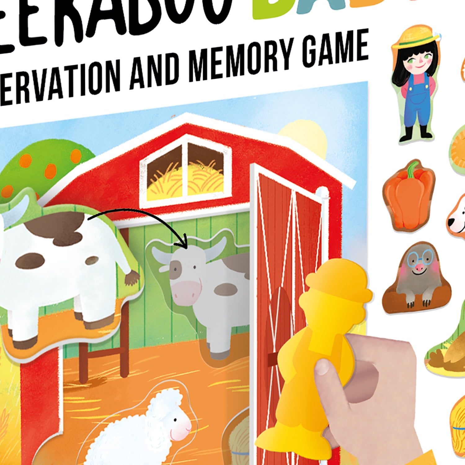 Headu: Peekaboo Baby Farm - Observation & Memory Game, Animal Tile Shape Matching, Open-Close Scene Panels, Manual Lock & Key Activity, Toddlers 2-5