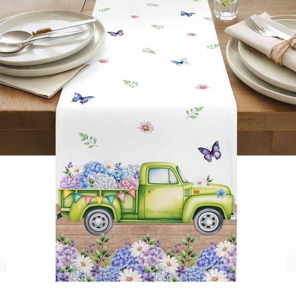 Blue Purple Floral Table Runner - 72 Inch Long, Kitchen Dining Table Runner Dresser Scarves, Spring Country Hydrangea Flower Truck Farmhouse Decor for Coffee Tables Wedding Party Banquet