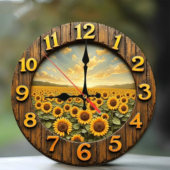 Sunflower Field Wooden Wall Clock 10-Inch Silent Wooden Wall Clock, Battery Operated (AA Batteries Not Included), Artistic Home Decor