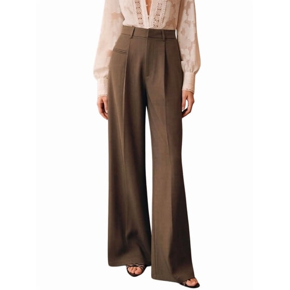 Women High Waist Floor-Length Straight Wide Leg Commute Suit Trousers Business Casual with Pockets Brown M