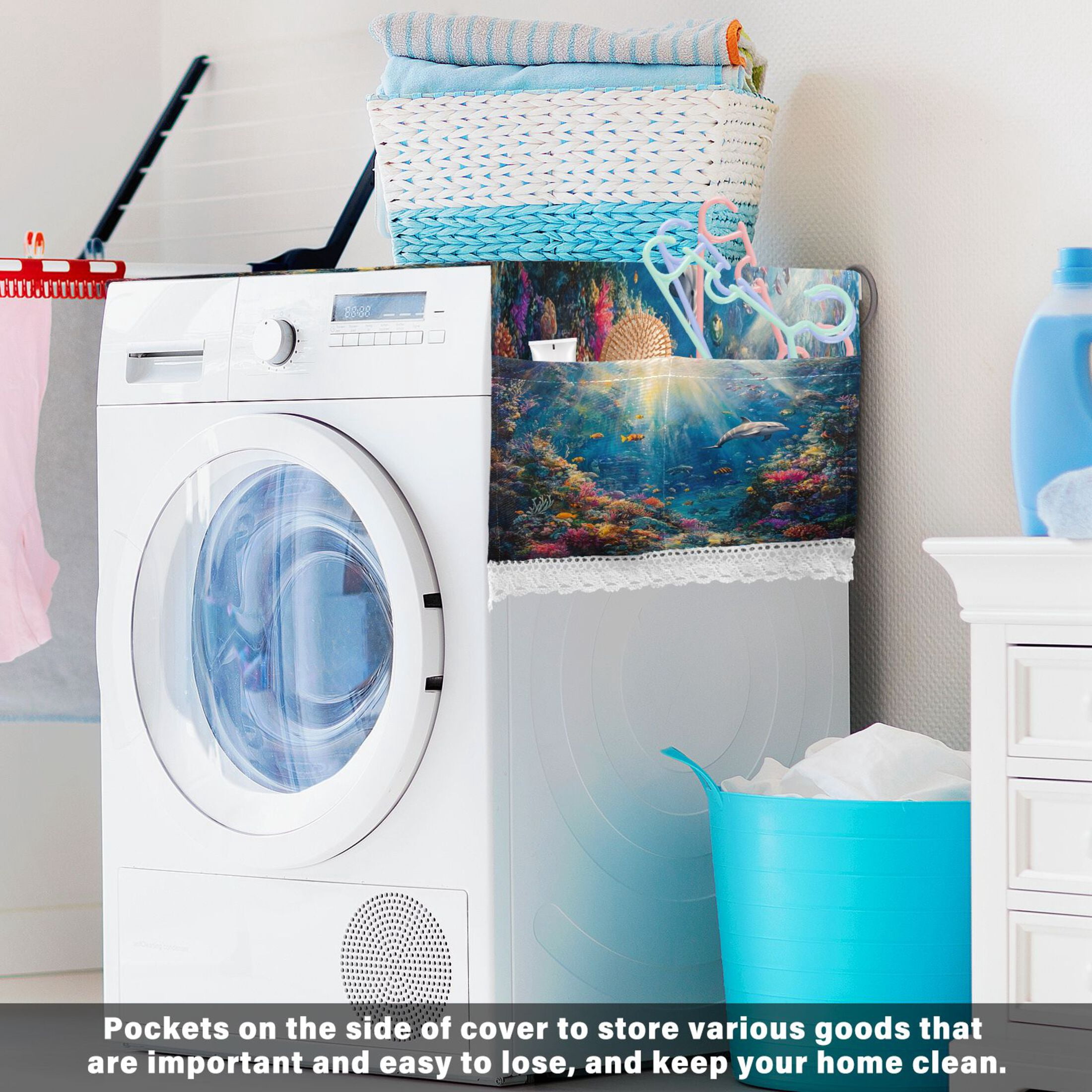 Washing Machine Cover 51.2x22in, Durable Polyester Dust Cover with Lace Trim and Side Pocket for Appliances Underwater World