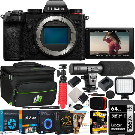 Panasonic LUMIX S5 4K Mirrorless Full Frame Interchangeable L-Mount Lens Camera Body DC-S5BODY Bundle with Deco Gear Microphone + LED + Photography Bag + Software Kit & Accessories