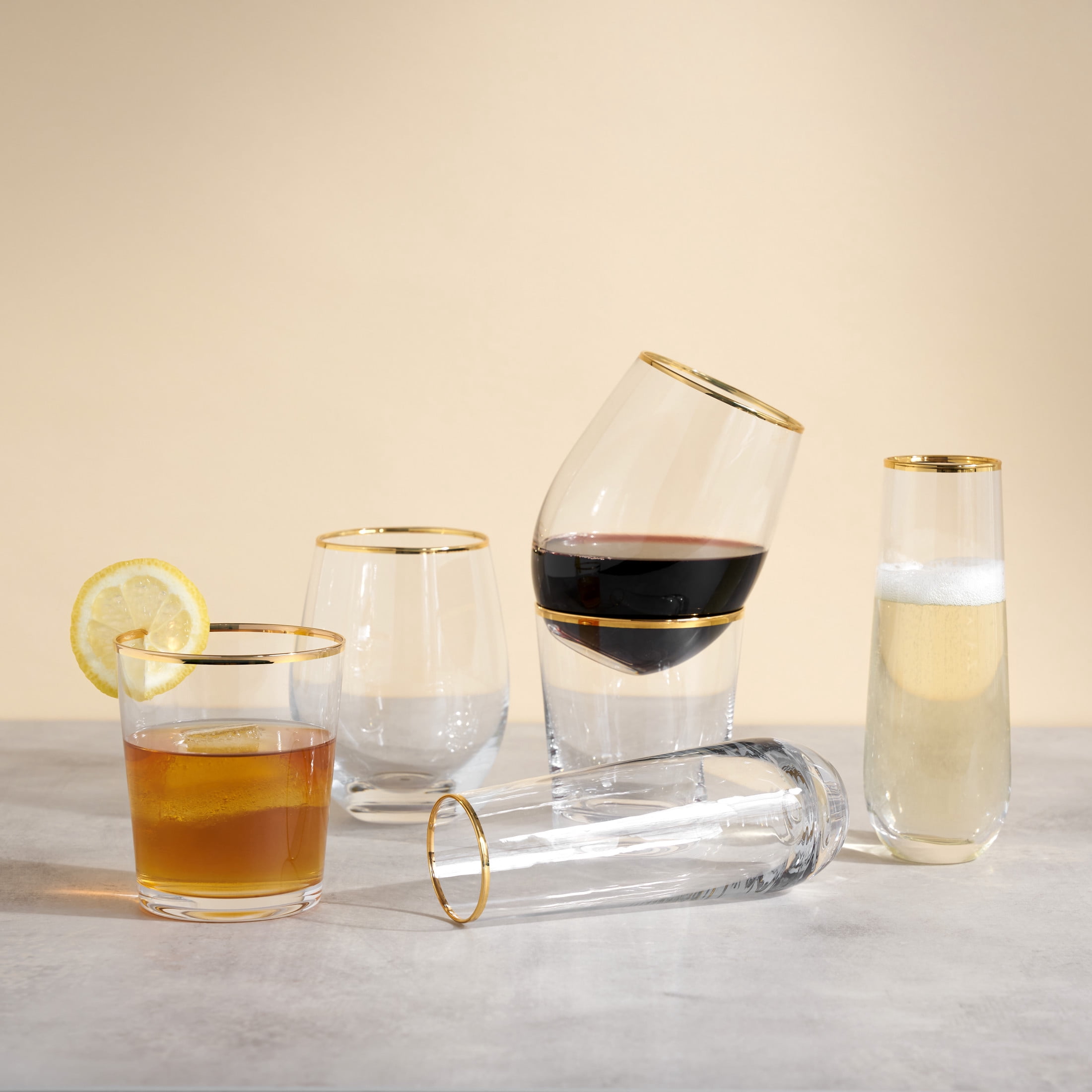 Twine Gilded Gold Rimmed Stemless Wine Glasses, Party Barware 18oz Set of 2