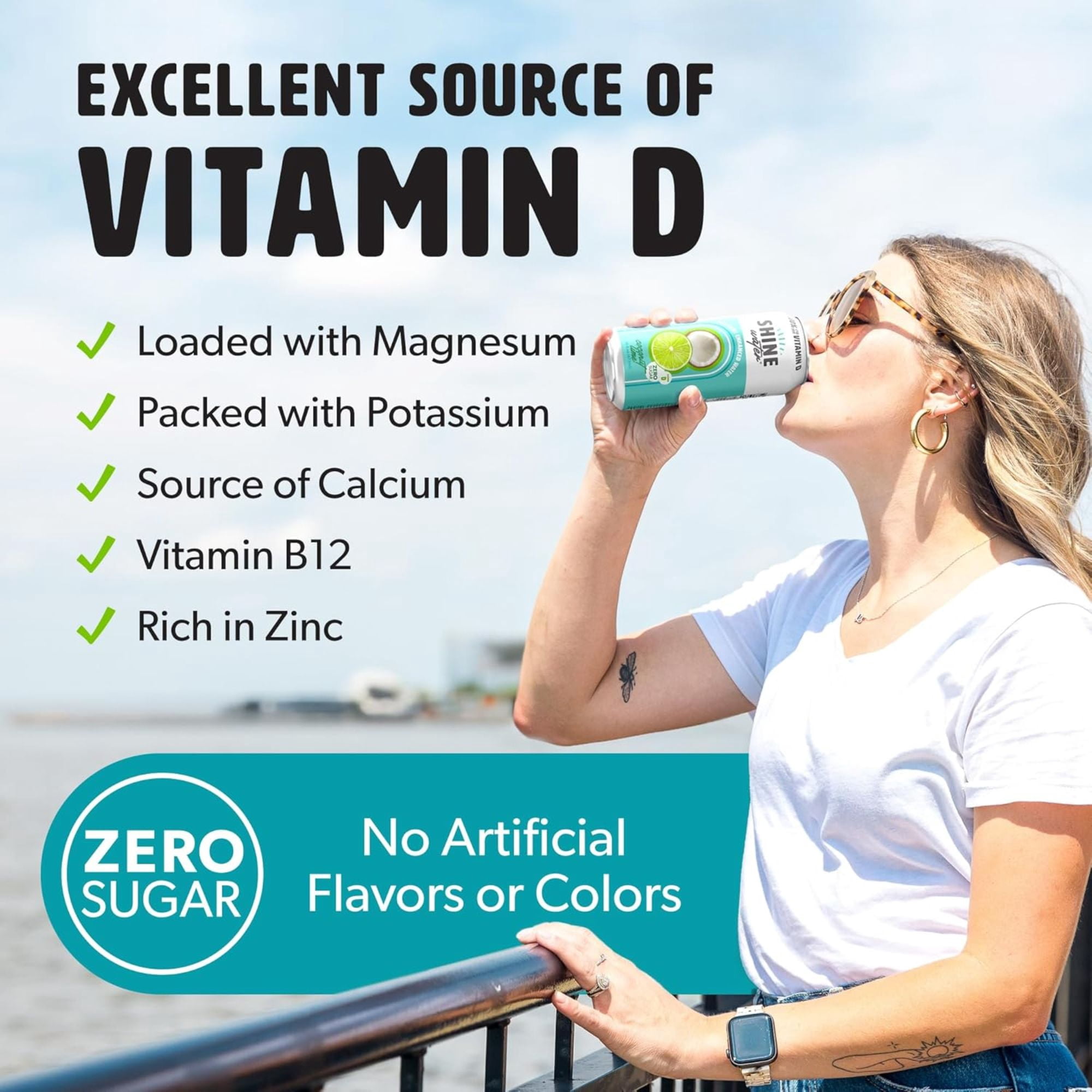 Shine Water Coconut Lime Vitamin D Electrolyte Drinks 12-Pack, Sugar Free Flavored Water with Magnesium, Zinc & Antioxidants, Low Calorie Hydration