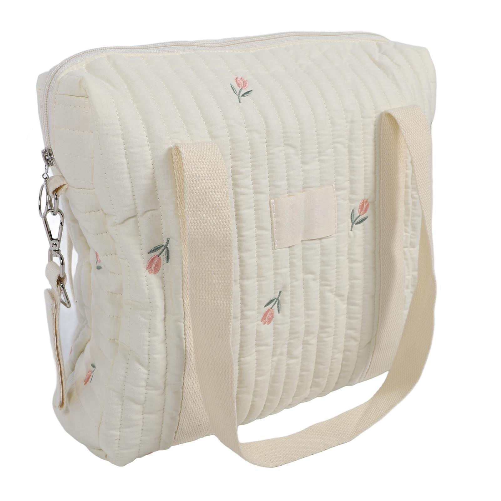 LAZIOEGR Large Capacity Cotton Stroller Hanging Organizer – Stylish Beige Flower Bag for Baby Essentials, Diapers, Bottles, and More
