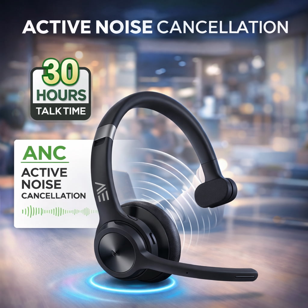 Electronic World Wireless Bluetooth Headset with Mic,Noise Cancelling Trucker & Call Center Headphones,30H Talk Time,Computer Headset for Work,Laptop, Phone & PC (Black)