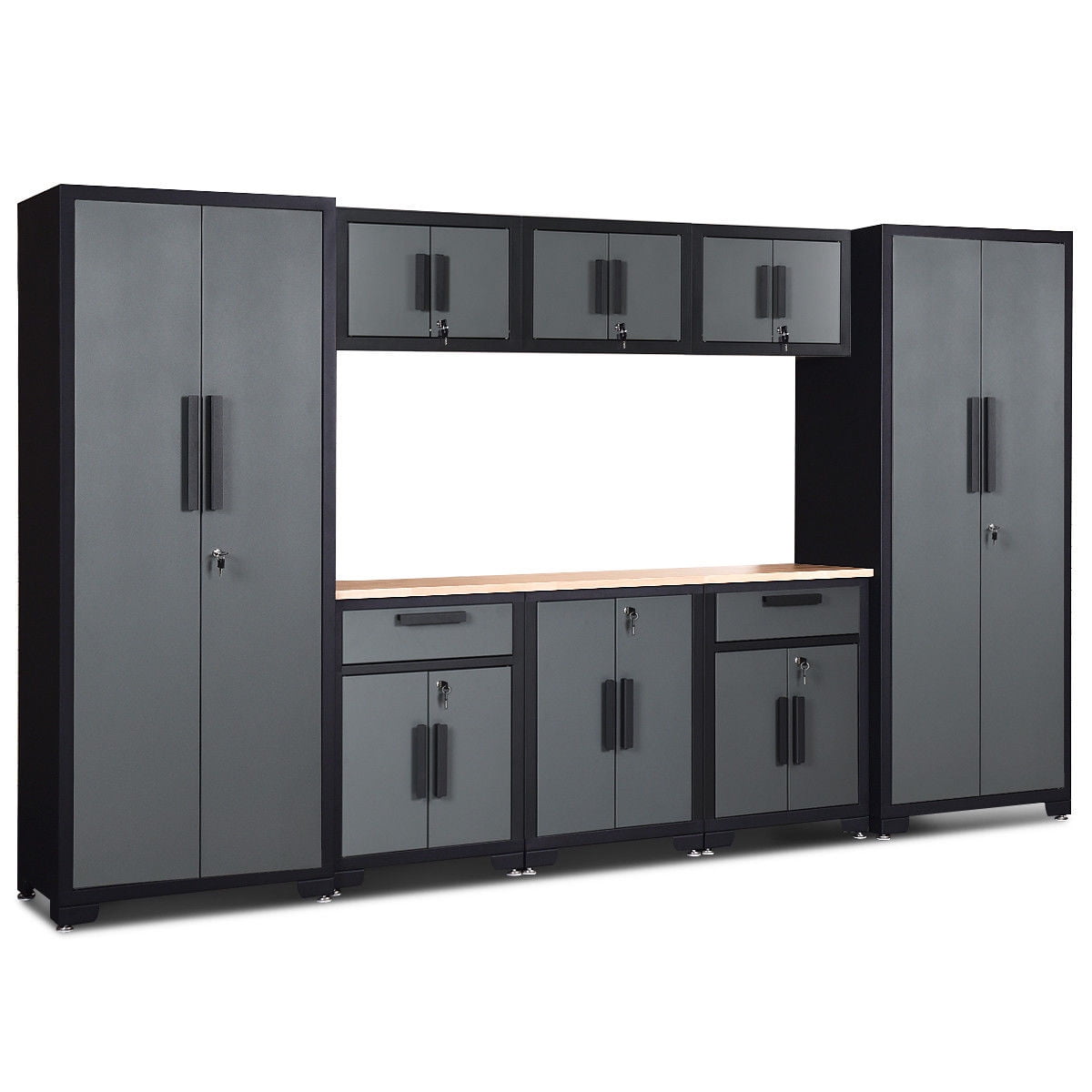 Gymax 9 Pcs Big Steel Garage Storage Cabinet Set 24 Gauge Rack Shelf W Wooden Worktop