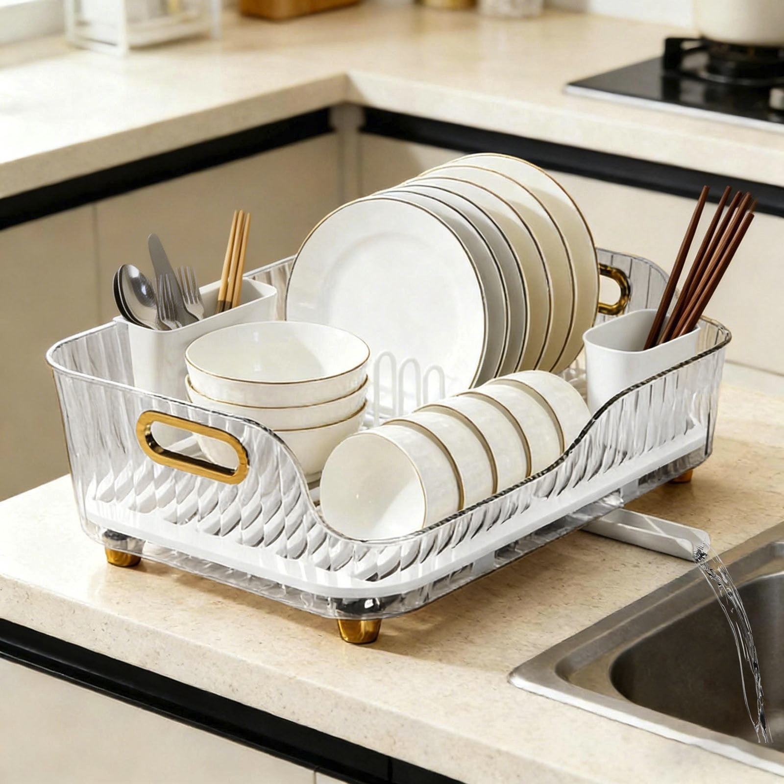 Kitchen Dish Drying Rack with Extendable Drainboard Countertop Dish Rack with Utensil Holder Multifunctional Transparent Dish Organizer Ideal for Dishes Bowls Cutlery and Fruit Storage