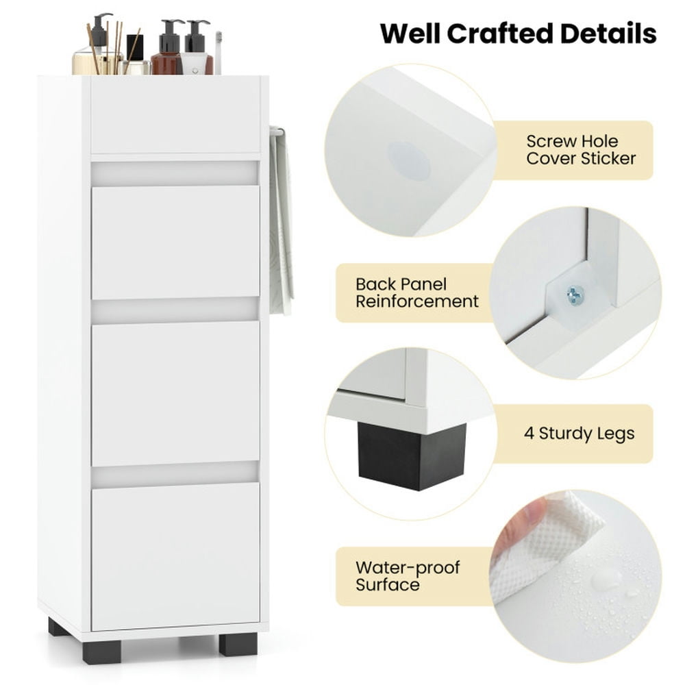 Finihen Bathroom Storage Cabinet, Bathroom Floor Cabinet, Bathroom Floor Cabinet with 3 Drawers, 4 Top Dividers and 1 Towel Rack, for Bathroom, Living Room, Bedroom, Kitchen, White Finihen Bathroom Storage Cabinet, Bathroom Floor Cabinet, Bathroom Floor Cabinet with 3 Drawers, 4 Top Dividers and 1 Towel Rack, for Bathroom, Living Room, Bedroom, Kitchen, White