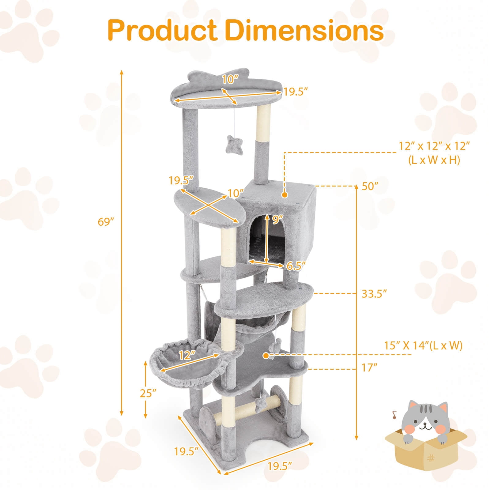 Infans 69" Tall Cat Tree w/ Top Perch Cozy Condo Basket Bed Hammock Basket Bed Indoor