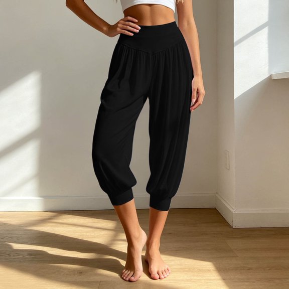 Capri Pants for Women Solid Plus Size Harem Joggers High Waist Yoga 7/8 Casual Womens Pants Black L