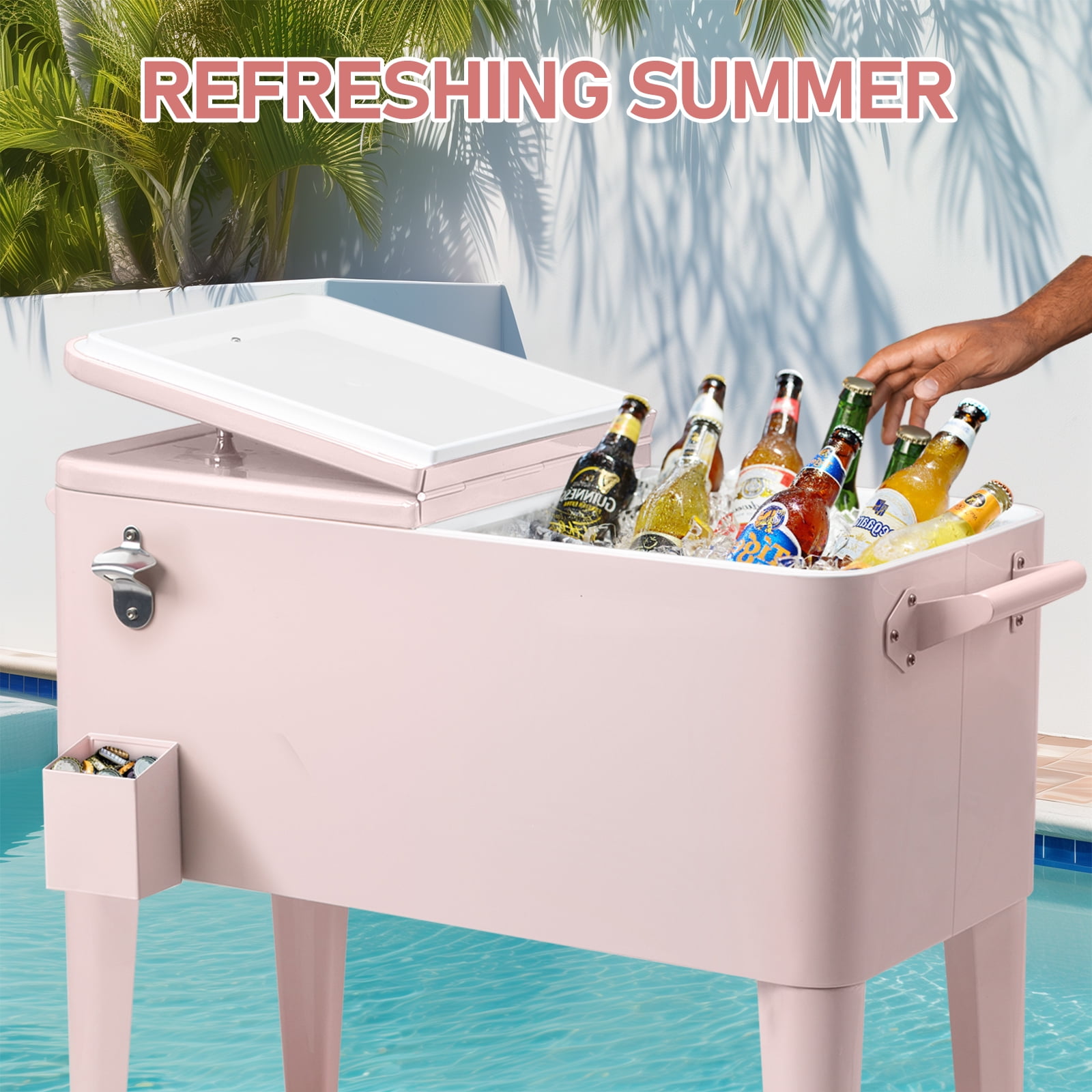 Ktaxon 80 Qt Rolling Ice Chest Cooler Cart Outdoor Trolley with Storage Shelf, Bottle Opener & Cap Collector for 48 Hour Cold Drinks, Pink