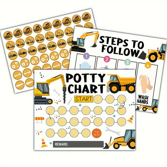 Construction Truck Potty Training Chart, Construction Potty Training Sticker Chart for Toddlers Boys Girls, Behavior Reward Chart(Includes 10 Potty Training Chart, 1 Instruction, 216 Stickers)
