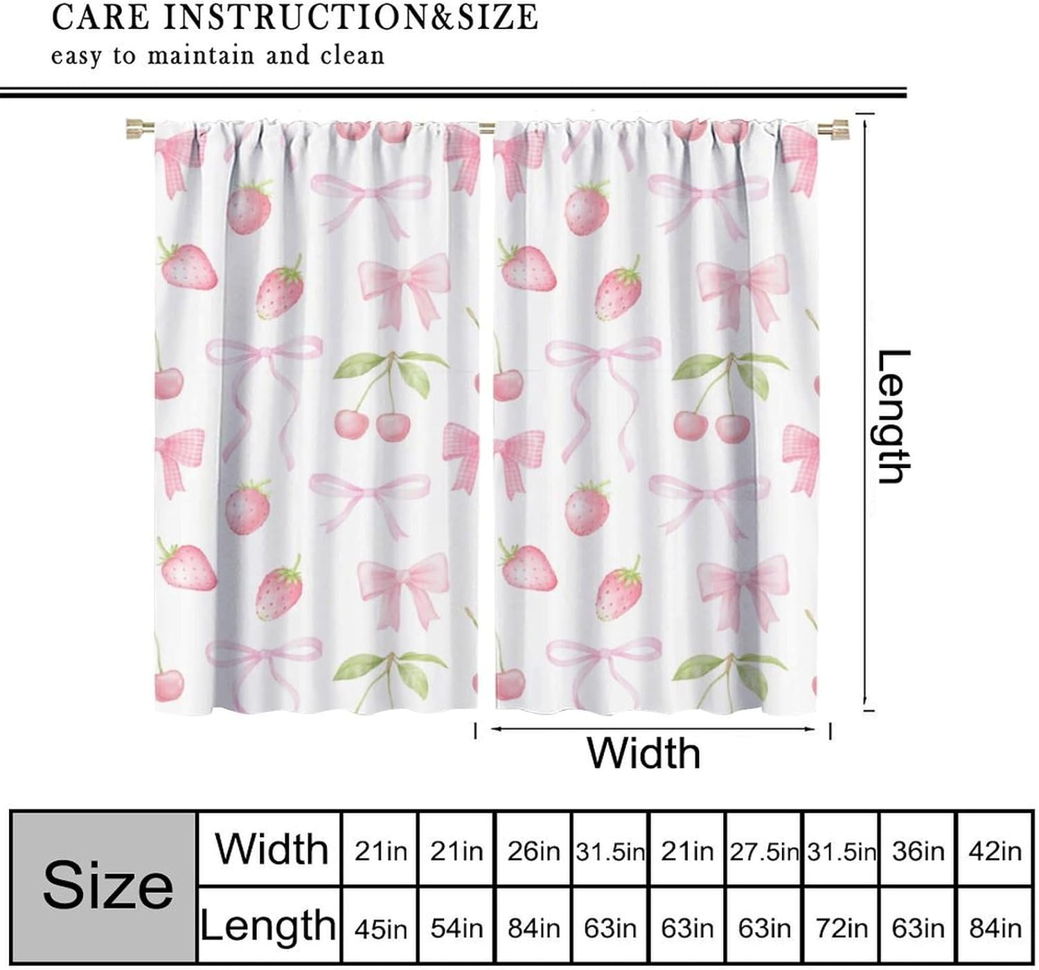 Cute Pink Bow Curtains, Watercolor Aesthetic Pink Strawberries Cherries Pastel Ribbon Bow Rod Pocket Window Drapes Treatments for Girls Children''s Bedroom, 63" W X 63" L