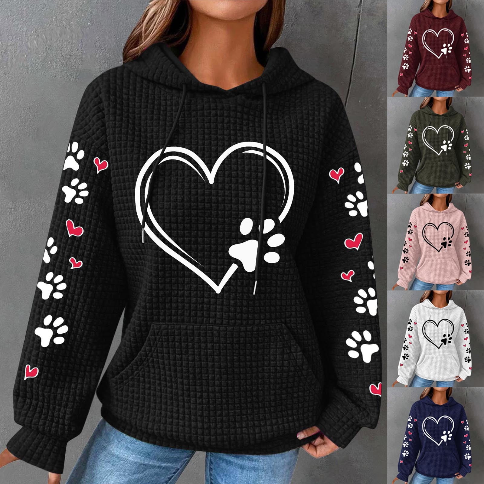 Cute Dog Paw Print Hoodies for Women Casual Oversized Waffle Hooded Sweatshirts Comfy Fall Winter Pullover Tops for Going Out