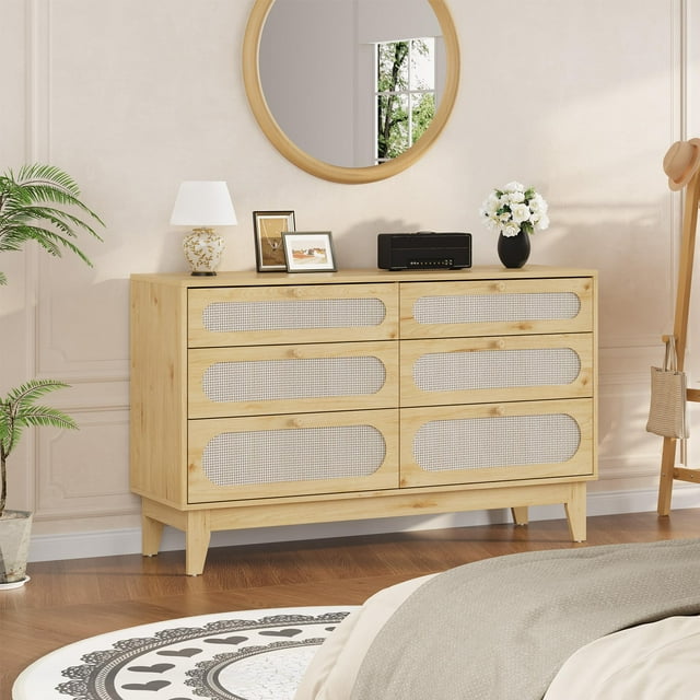 GloryStar Rattan Storage Dresser with USB Ports, 6-Drawer Wooden Chest for Bedroom or Living Room, Natural Modern Design