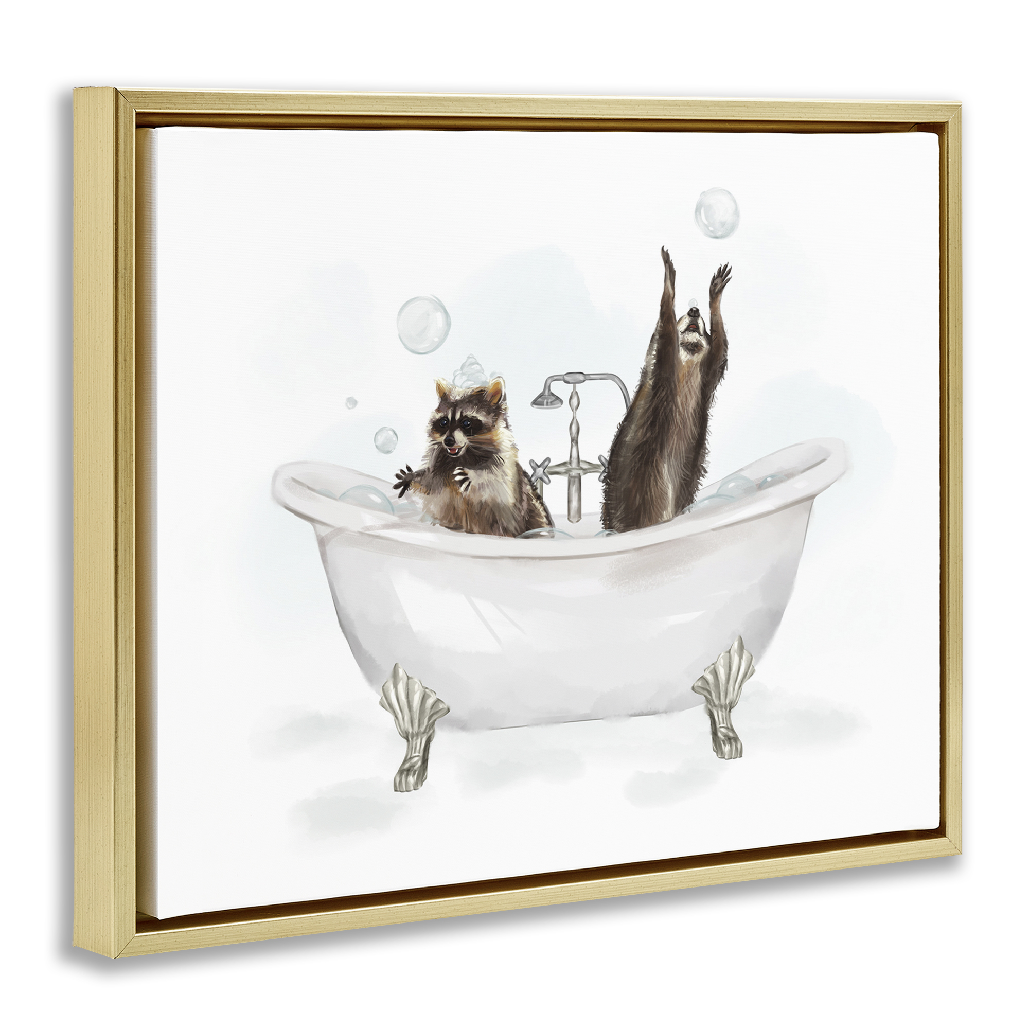 Stupell Industries Raccoons Catching Bubbles Typography Painting Gold Floater Framed Canvas Art Print Wall Art, 31 x 25