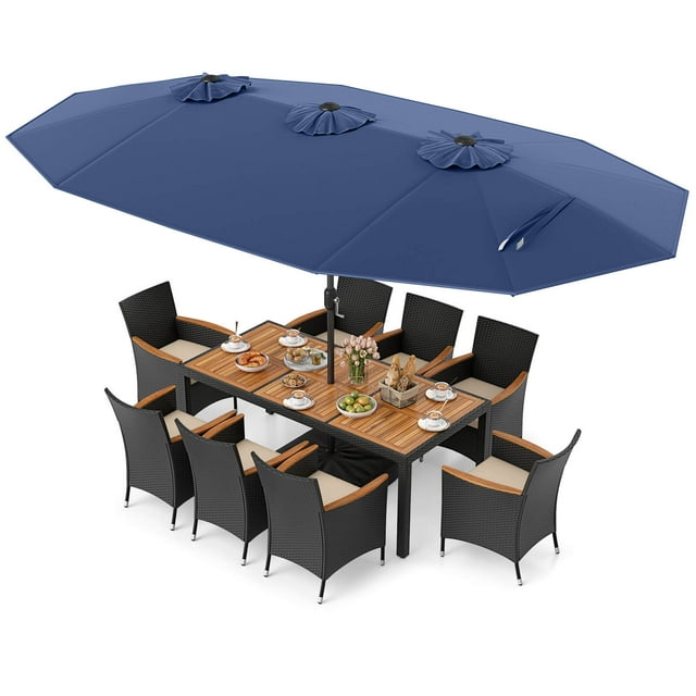 Costway 11 PCS Patio Wicker Dining Set with Double-Sided Outdoor Umbrella 8 Stackable Chairs