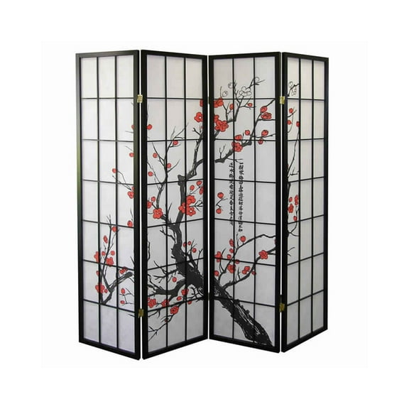 Plum Blossom Print Wood and Paper 4 Panel Room Divider, Red and Black - Saltoro Sherpi