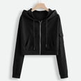 thumbnail image 2 of Women's Zip Up Hoodies,Cropped Cardigan Jacket,Drawstring Hooded Sweatshirts,Fleece Full Zip Up Hoodie,Casual Workout Long Sleeve Top,Fashion Jacket Crop Top with Pockets,Trendy Lightweight Black, 2 of 4