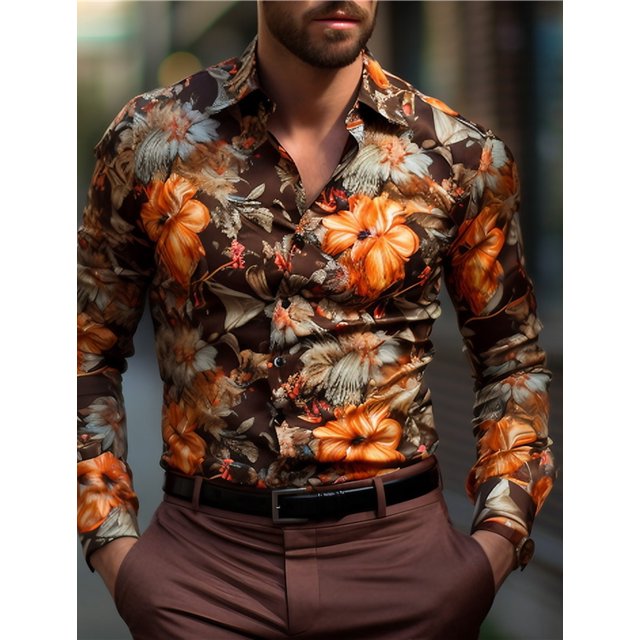 Camisa casual con estampado floral para hombre, para uso diario, para fines de semana, otoño e invierno, camisas de manga larga con cuello vuelto, camisa de tela elástica en 4 direcciones, para Pascua