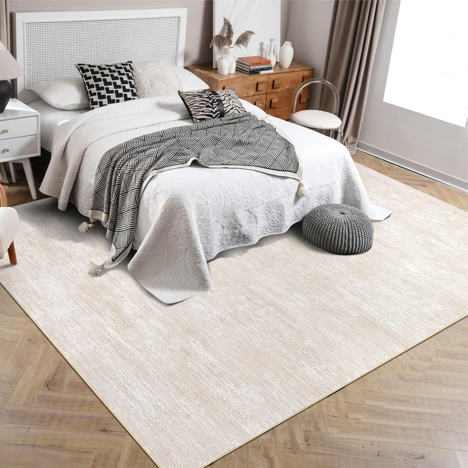 Shininglove Washable Area Rugs 5' x 7' Modern Abstract Plain Texture Living Room Carpet, Contemporary Non-Slip Accent Floor Mat for Bedroom Dining Room(Beige)