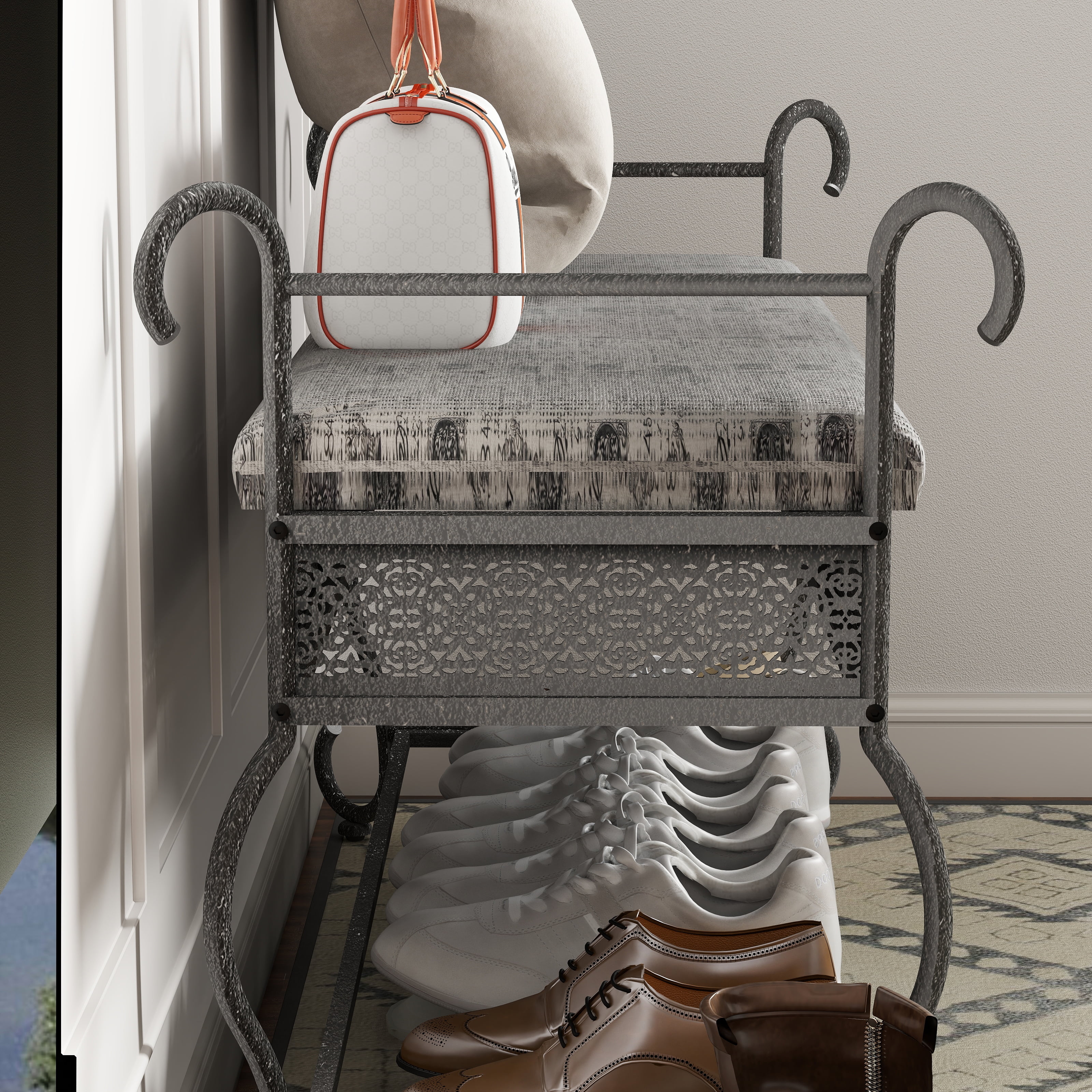 Mintazer 46" Rustic Shoe Bench with Cushioned Seat & Storage, Shoe Rack for Hallway & Entryway