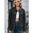 thumbnail image 4 of Womens Fall Winter Jean Denim Jacket Long Sleeve Button Down Shirts Oversized Trendy Coat with Pockets Black & Gray L, 4 of 9