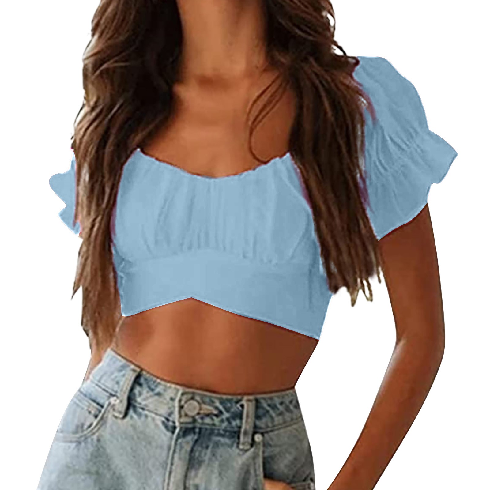 Women's Off Shoulder Crop Top Floral Print Strapless Short Sleeve V Neck Blouses Sexy Crisscross Cropped Tee Shirt - image 2 of 8