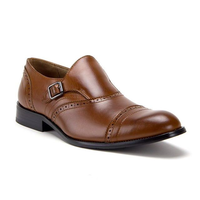 Jazame Men's 07332 Leather Lined Single Monkstrap Cap Toe Loafers Dress Shoes, Cognac, 9.5