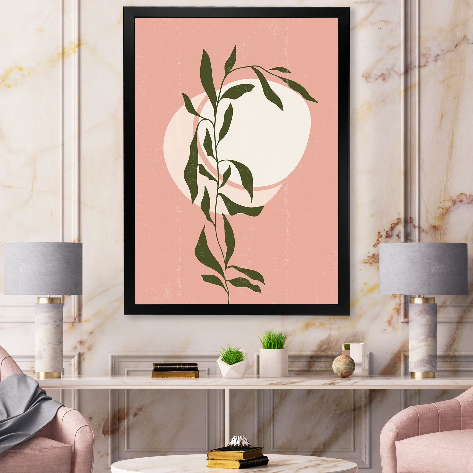 Designart 'Abstract Geometrical Moon and Sun With Leaf VI' Modern Framed Art Print