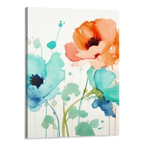 Creowell Genius Decor - Teal and Coral Flowers Floral Canvas Wall Art Decor (Teal Coral, 16x20 Inch)