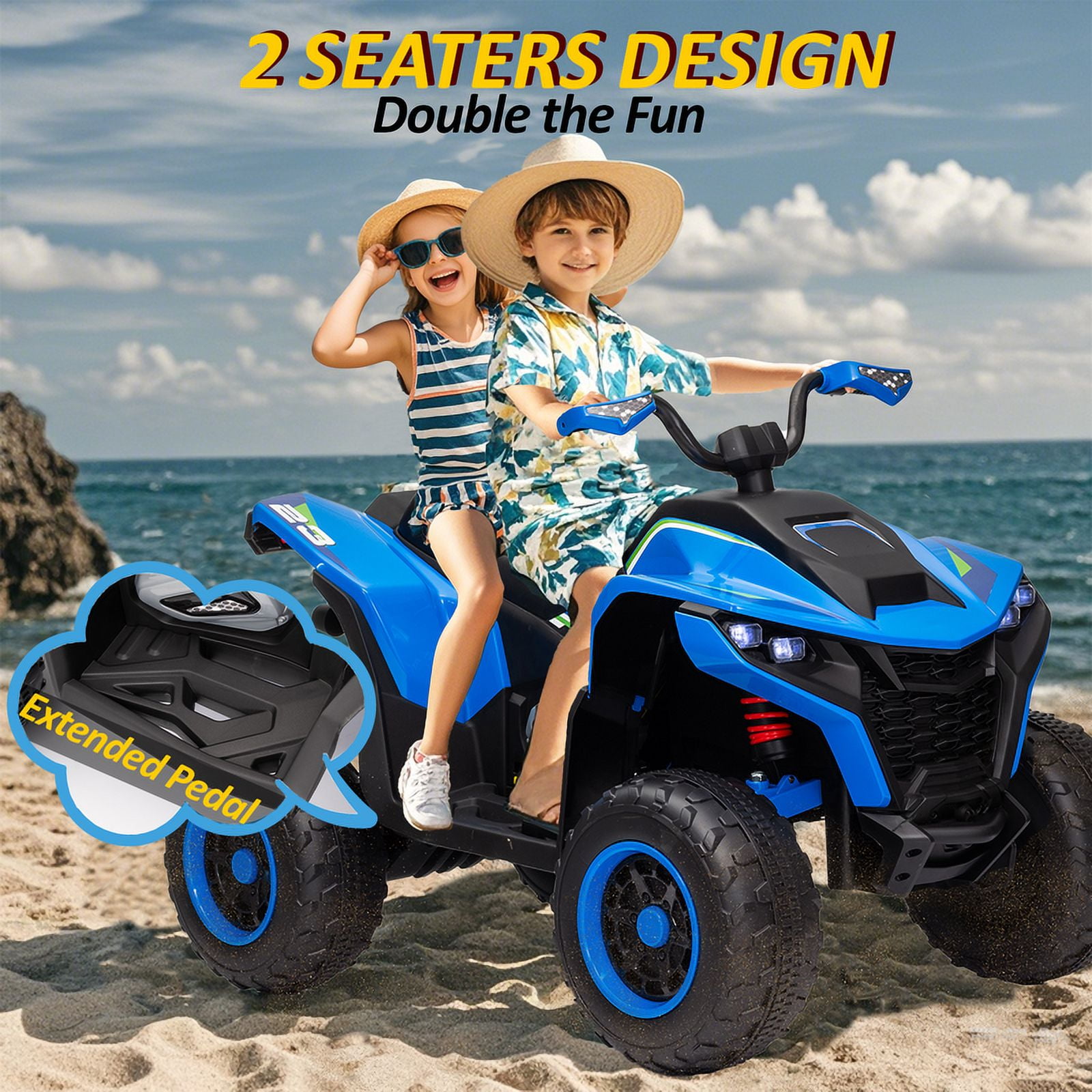 Kids ATV 4 Wheeler, 24V 2 Seater Electric ATV Quad w/4WD Motor, Protective Gear Set, Bluetooth, LED Lights, Spring Suspension, Battery Powered Ride on Toys for Big Kids, Boys, Girls, Christmas, Blue
