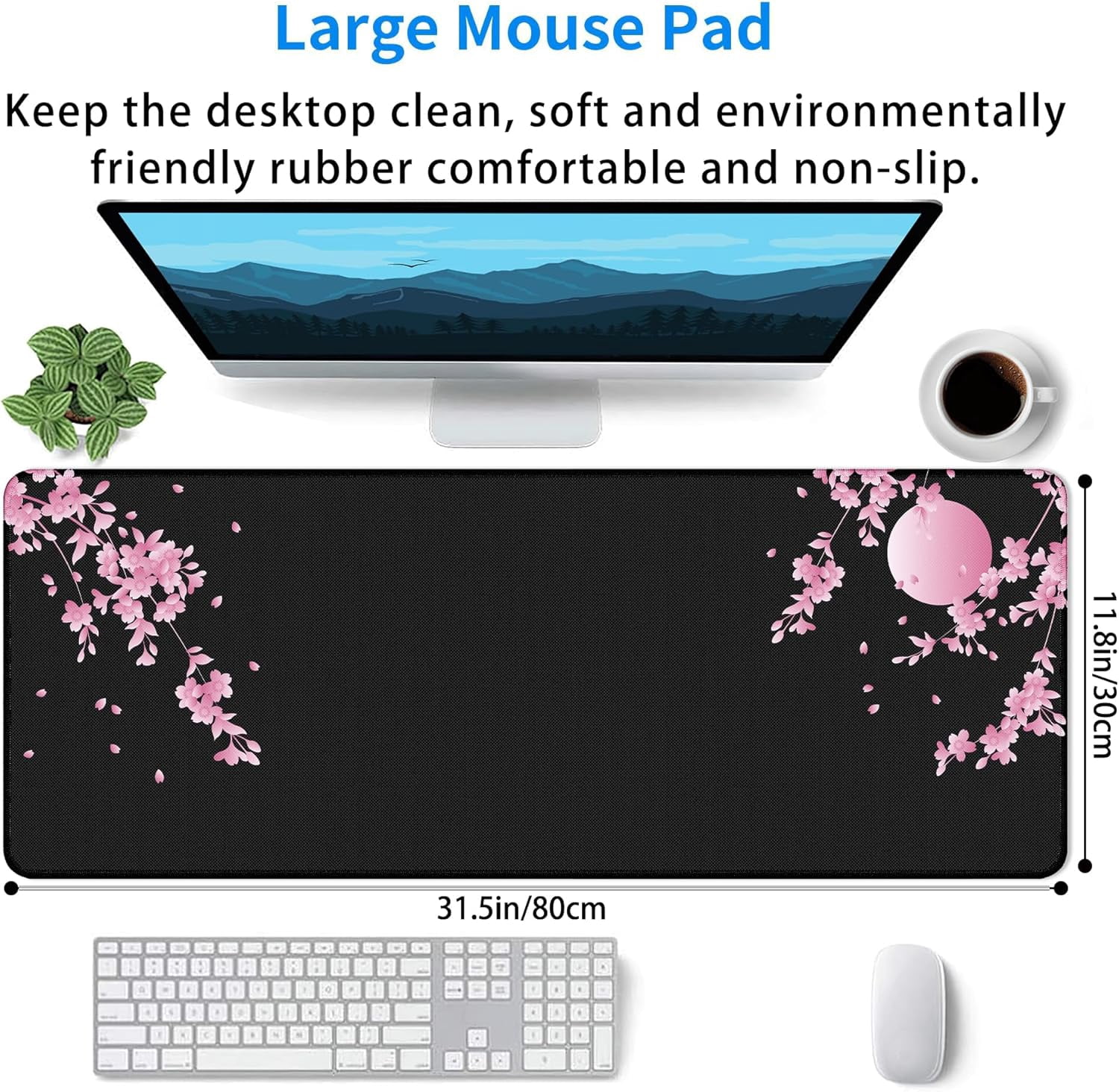 Japanese Cherry Blossom Gaming Mouse Pad Black Desk Mat, Long 31.5x11.8 Inch, Extended Big Desk Pad, Pink Flower Mousepad, NonSlip Base, Stitched Edges for Work Gaming Office