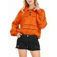 thumbnail image 3 of Women'S Slouchy Waffle Knit Sweater 1/2 Button Collared Pullover Striped Sweater Tops Tangerine Color L, 3 of 8