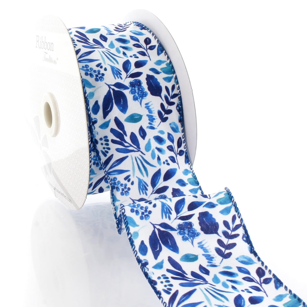 2 1/2" Wired Ribbon Blue Watercolor Foliage 25yds