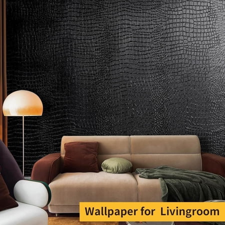 Black Peel and Stick Wallpaper, 23.6" X 197", Embossed Crocodile Wallpaper, Easy Peel Off, Self-Adhesive, Removable Contact Paper, Textured for Cabinet, Bedroom