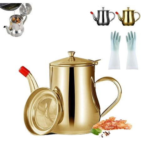 

Vitalenergt Stainless Steel Oil Filter Pot 18/24/32/48/70oz 304 Oil Storage Container for Kitchen with Strainer & Spout for Storing Frying Oil & Cooking Grease (Gold 24oz)