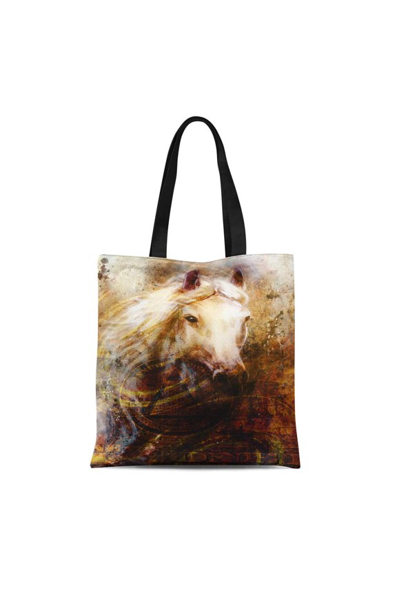 Canvas Bag Resuable Tote Grocery Shopping Bags Colorful Unicorn Horse Heads Abstract Ocre One Dollar Collage White Tote Bag