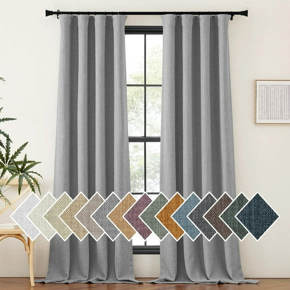 AIR-Thick Faux Linen Light Grey Curtains for Living Room, Dual Rod Pockets & Hook Belt Room Darkening Window Treatments Sound Reducing Curtains for Home Office/Bedroom, W52 x L96, 2 Panels