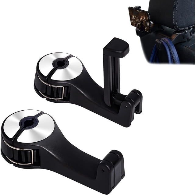 Car Seat Hooks for Purses and Bags with Phone Holder, Universal Car Headrest Hanger Hook with Lock, 360° Rotating Headrest Hooks, 2in Car Headrest Hoo