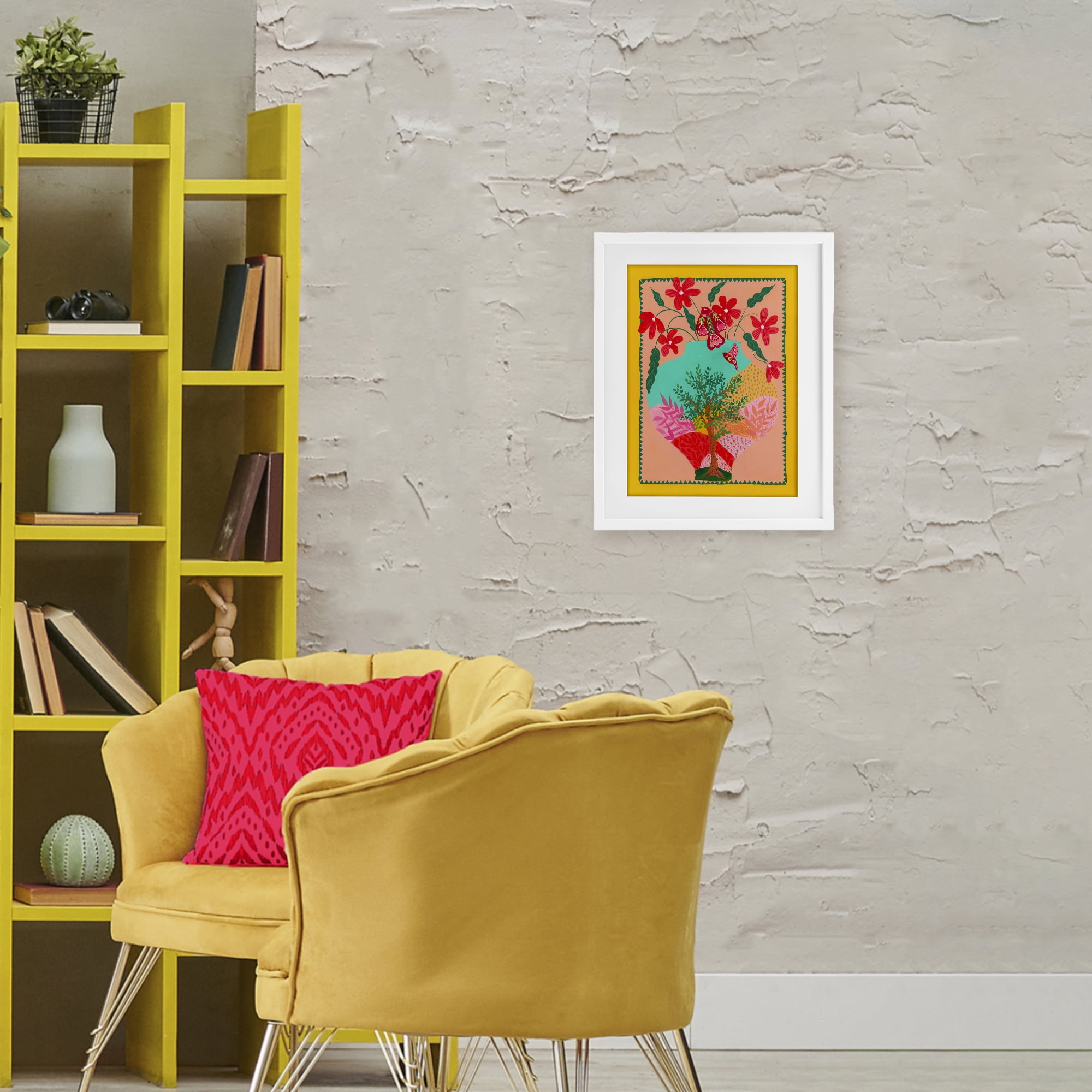 Folk Patterned Hope Vase White Framed Print Under Glass, design by Nabeela Rumi