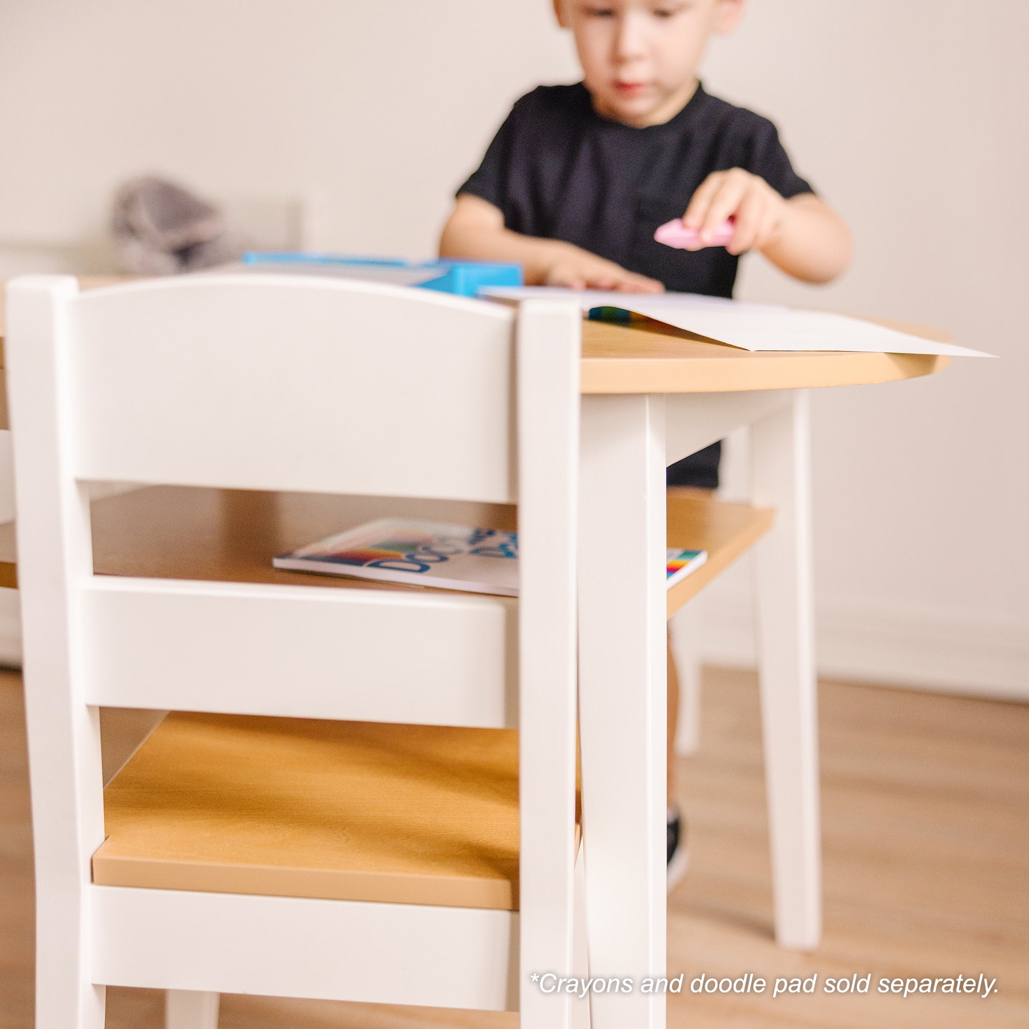 Melissa & Doug Wooden 3-Piece Kids Round Activity Table and Chair Set, Light Woodgrain/White