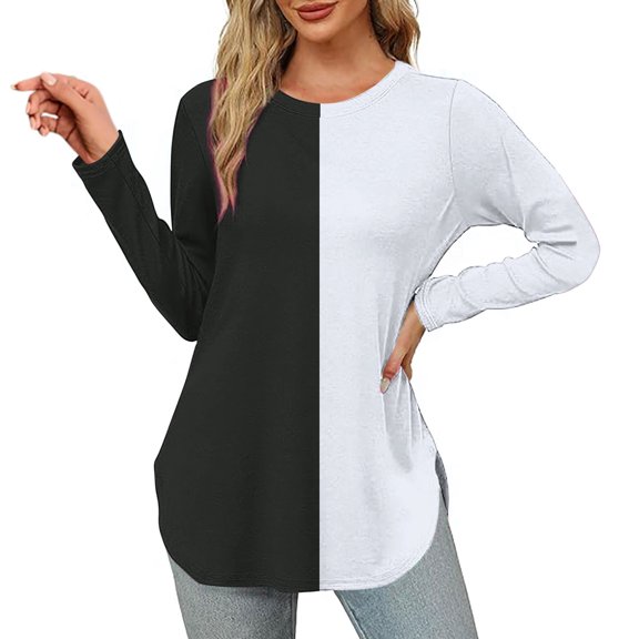 hxobax Womens Colorblock Blouses Fall Long Sleeve Crewneck Shirts Curved Hem Tunic Tops for Leggings